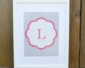 Personalized Initial and Name Nursery Graphic Art Print 8x10 Pink and Gray