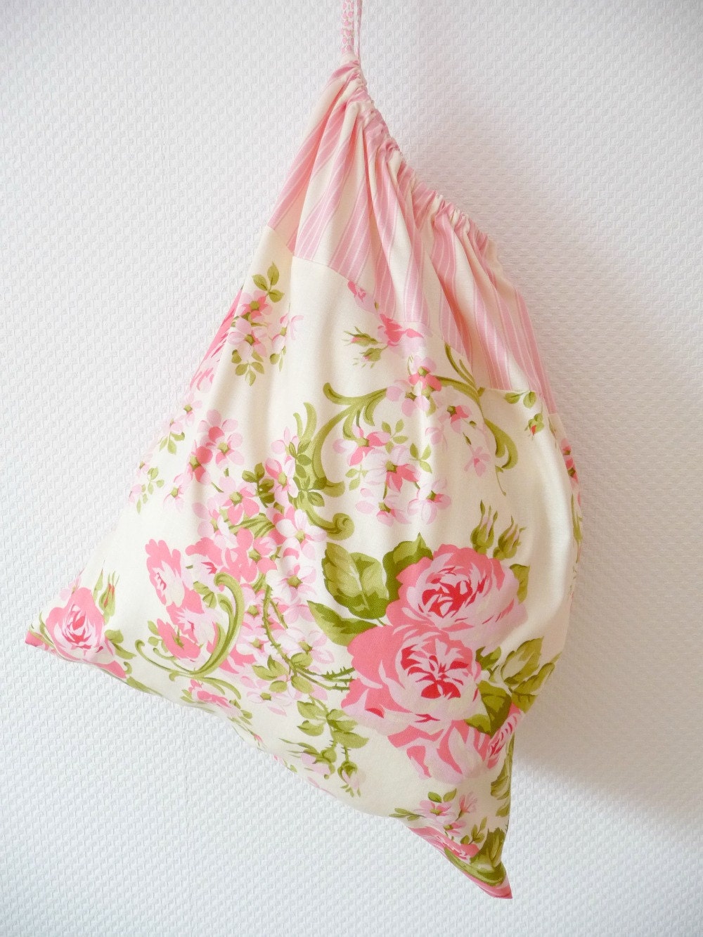 Shabby Chic Laundry Bag. Lingerie Bag. Pink Cabbage Roses Ticking Stripe. Cath Kidstonesque. europeanstreetteam. Drawstring Bag.