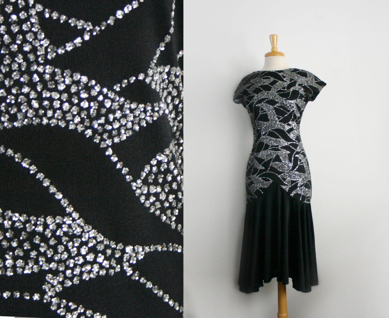 1970s/1980s black  midi dress with silver glitter accent bodice size small or medium