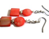 Red Shell Earrings, Pink Shell Earrings, Silver Antique, Salmon Rose Beaded Jewelry