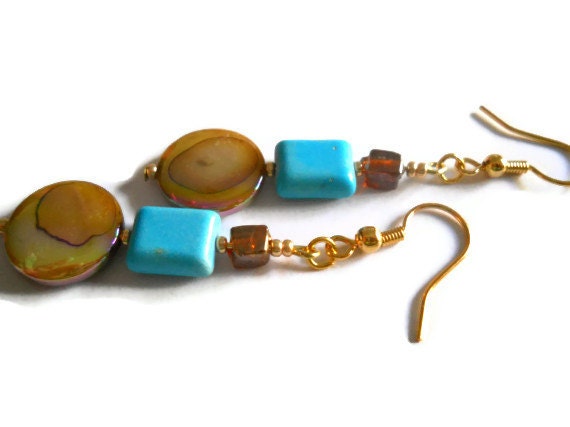 Beadwork Amber Brown Shell Earrings Rustic India Glass Genuine Turquoise Beaded Jewelry