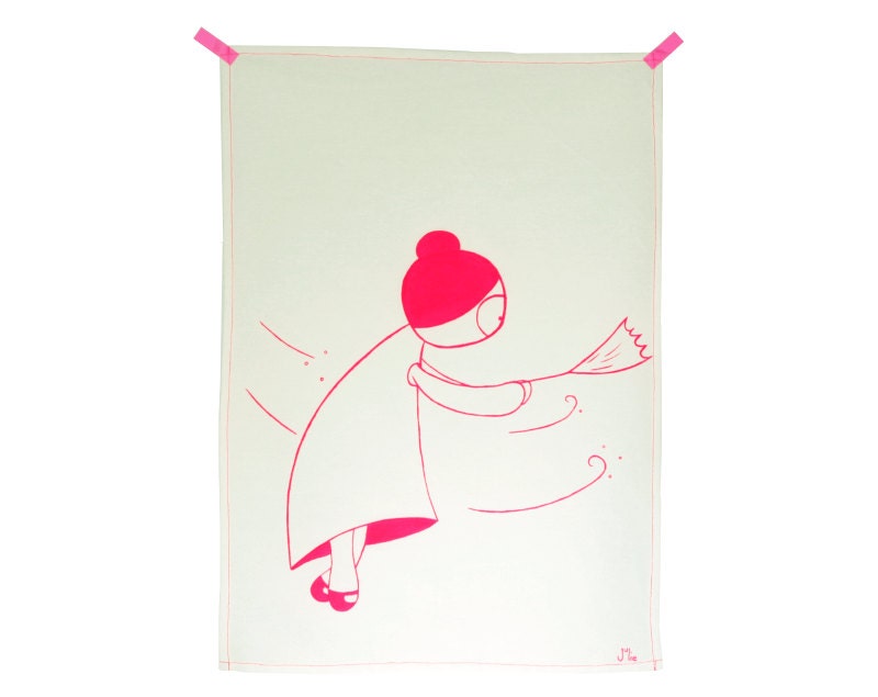 Designer Tea Towel, Girl in the storm in neon pink - Illustrated Dishcloth