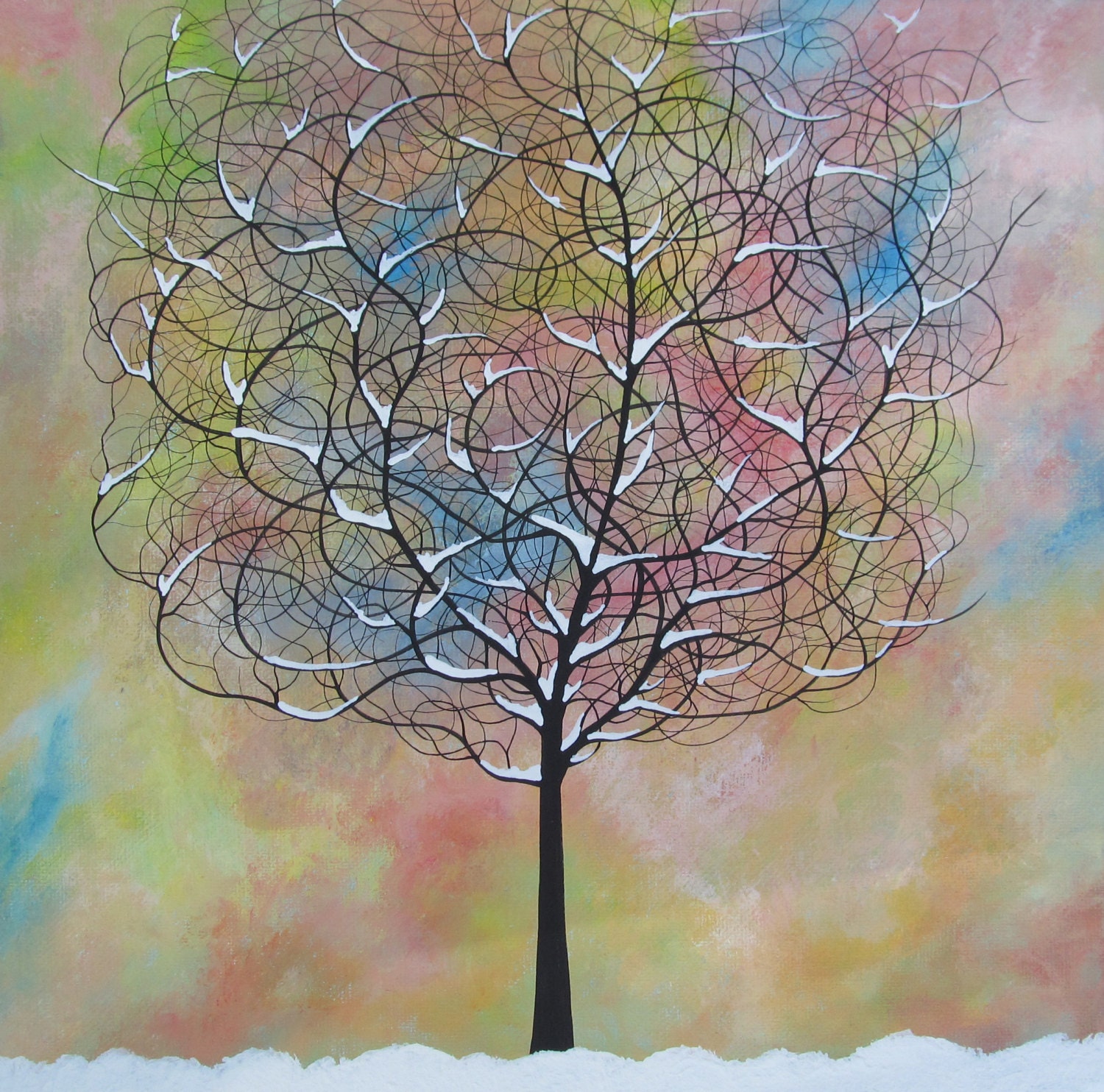 Tree After Snow Storm- Original Acrylic Painting on Stretched Canvas.  Tree, Sky, Beautiful