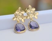 Amethyst Purple Teardrop and Gold Cherry Blossom Flower Post Earrings. Purple Bridesmaid Earrings. Drop Earrings. Gold Fashion Earrings.