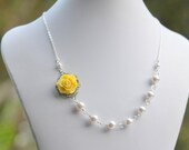 Yellow Rose Asymmetrical White Swarovski Pearl Wedding Necklace.  Yellow Bridesmaid Necklace.  Bridal Party Jewelry.