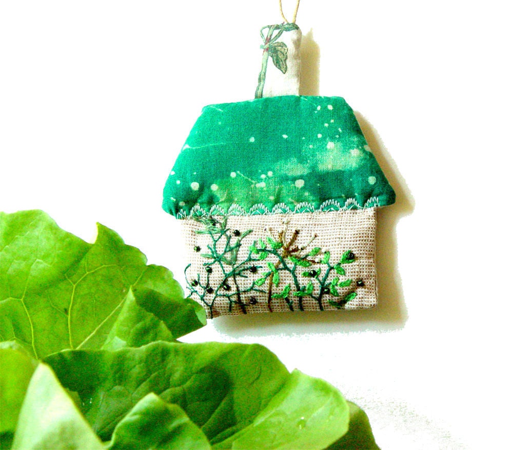 HOUSE of HERBS, Textile Ornament, Home Decor, Embroidered Beaded, Fabric House