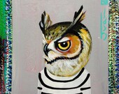 Great Horned Owl portrait N51 on a playing cards. Original acrylic painting. 2012