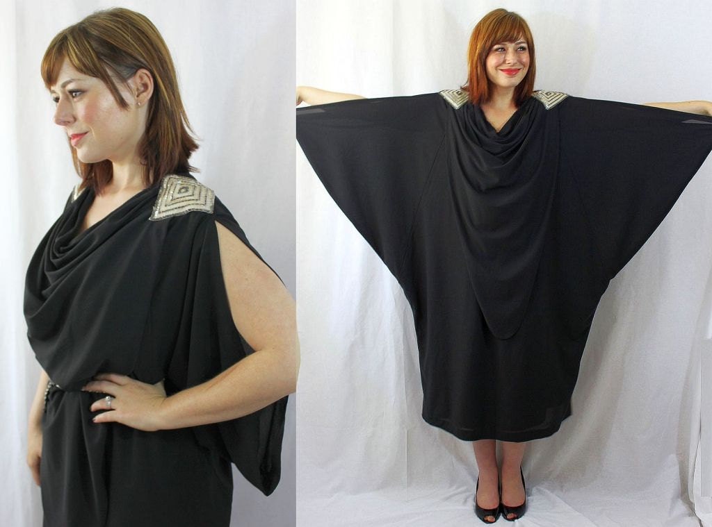 ViNtAgE gatsby-esque 1980s cowl neck SEQUIN ENCRUSTED black caftan dress - c1008