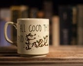 Henry David Thoreau "All good things are wild and free" Literary Quote Mug - Small, pale yellow mug- hand painted with embellished font