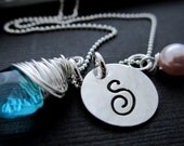 Monogram Necklace 925 Sterling Silver Personalized Initial Necklace Hand Stamped jewelry Wedding Gift - Custom Crystal & Pearl