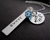 Birthdate Multi Charm Necklace, Hand Stamped Baby Feet Charm, Mommy Necklace, Birthstone, Baby name Jewelry
