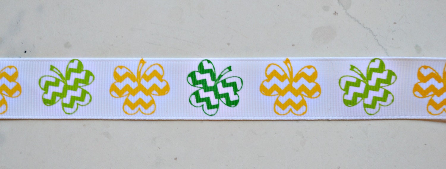 Green and yellow Chevron shamprocks on white 7/8" grosgrain ribbon- St Patricks day Oregon Ducks Il_170x135