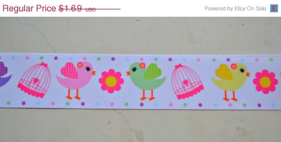 10 % off ON SALE Sweet Tweets birds and  bird cages on white 1 1/2" grosgrain ribbon