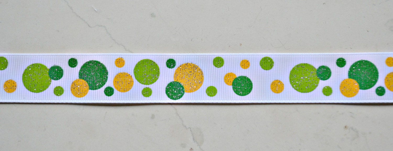 Green and yellow glitter dots on white 7/8" grosgrain ribbon- St Patricks day Oregon Ducks Il_570xn