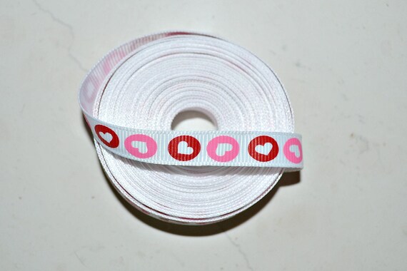 bullseye pink & red hearts on pink 3/8" grosgrain ribbon Il_570xn