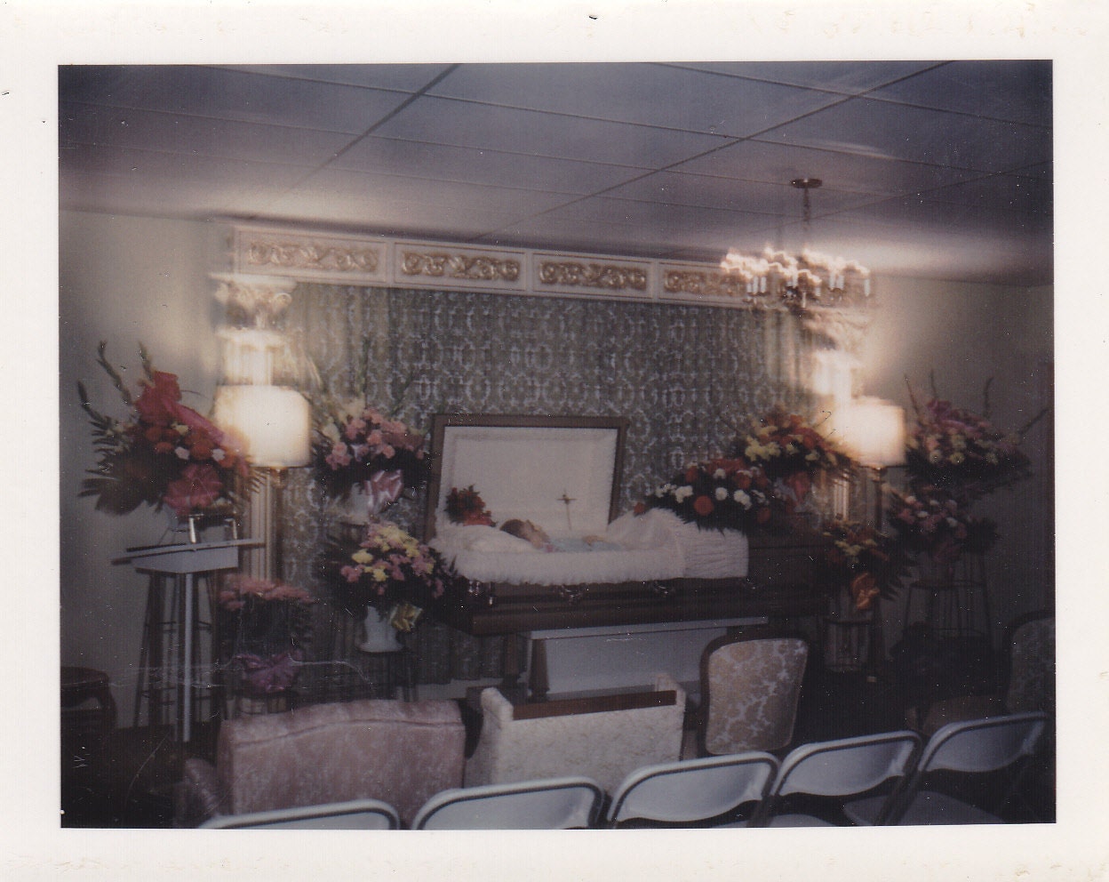 Open Casket Funeral- SET of 2- Eerie Color Polaroids- 1970s Vintage Photographs - EphemeraObscura
