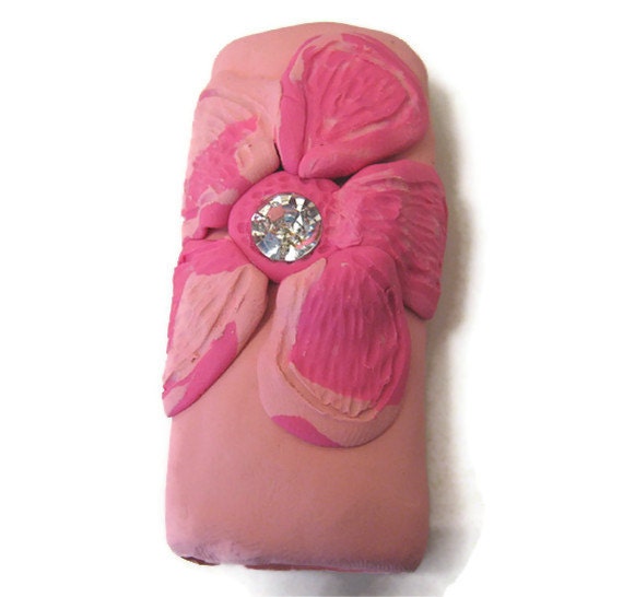 Handmade Polymer Clay Lighter Case Pink Flower with Vintage Rhinestone