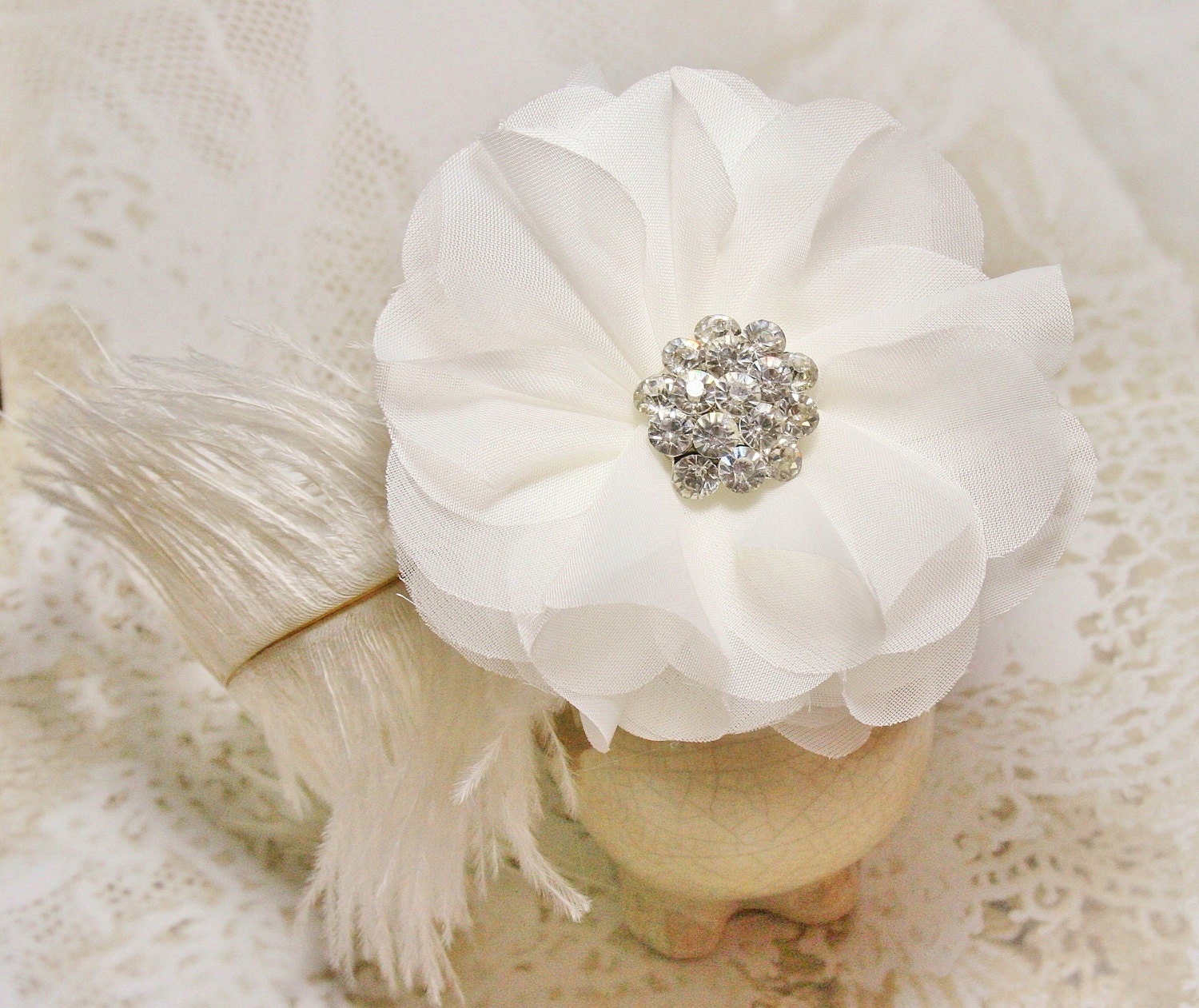Ivory Bridal Headband, Bridal Fascinator, Bridal Hair Flower, Wedding Headband, Rhinestone, Hair Accessories
