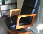 Mid Century Black Leather Wood Swivel Adjustable Desk Chair