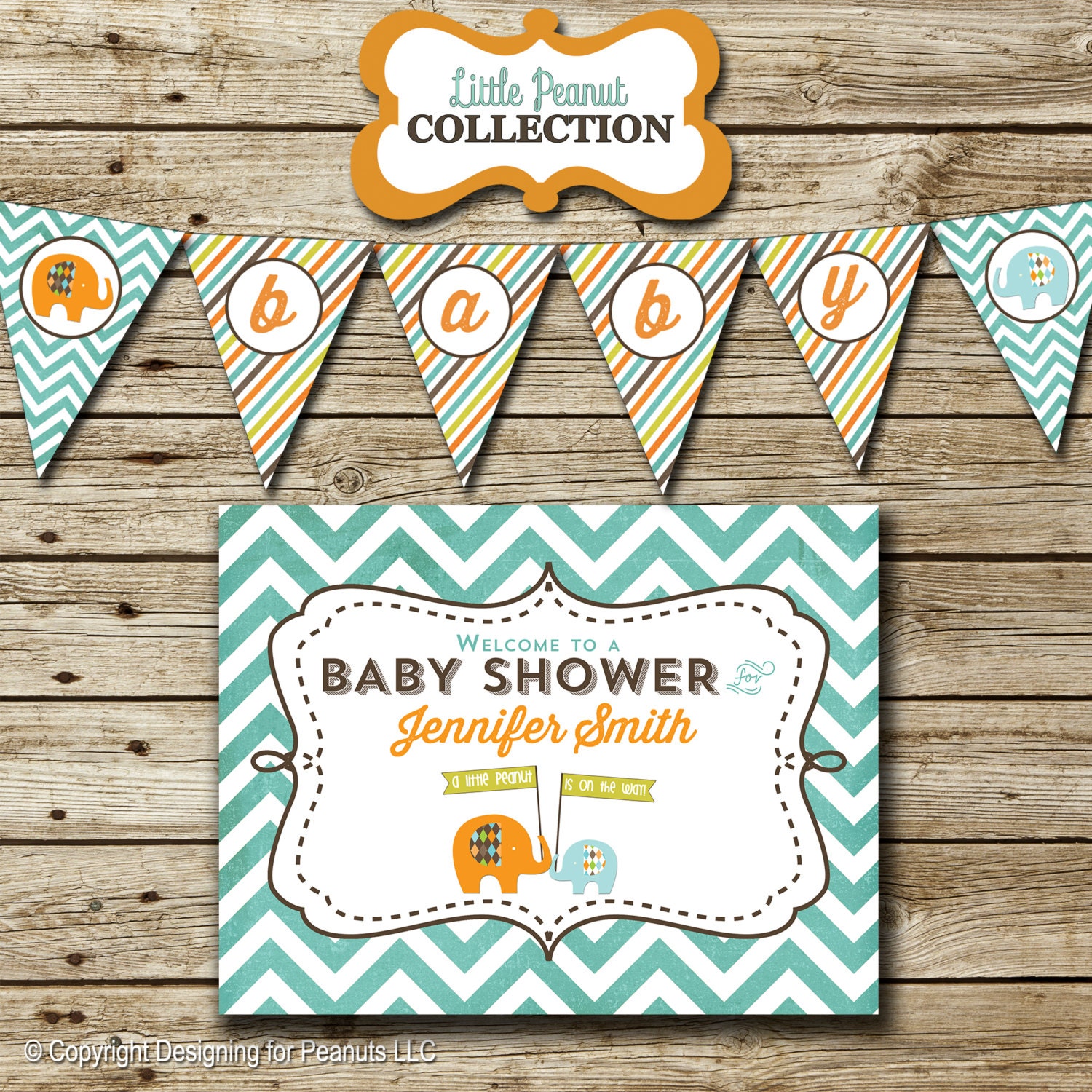 Elephant Baby Shower Party Pack: printable invitation, thank you, banners, sign, party circles, favor tags, food/drink labels, etc.