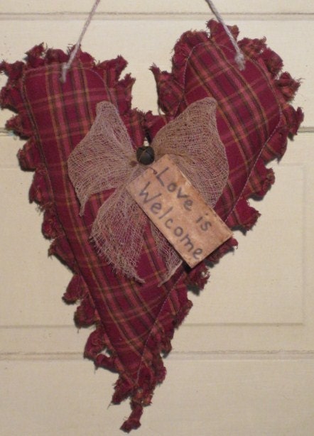 Primitive Homespun Rag Heart  - Valentine's Day Decor - "Love is Welcome" - Door Greeter