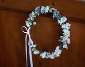 Hair flower crown flower girl halo Bridal headpiece wedding accessories, daisies purple lavender accents, country bride headwreath Coachella