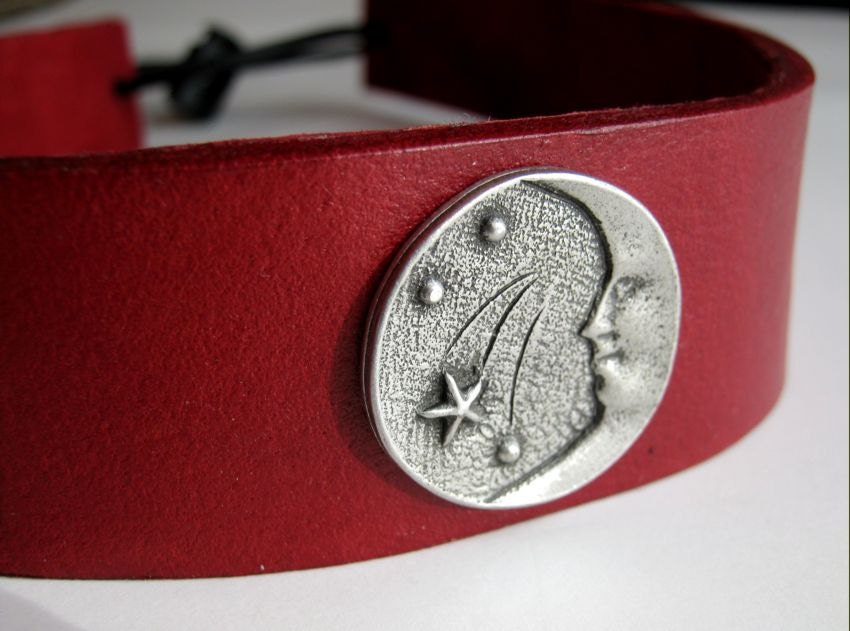 Moon and Stars Red Leather Headband Pagan Wiccan Headband Medieval Crown Barbarian Headband