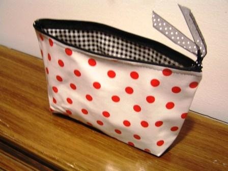 Small Red Polka Dot Oilcloth Cosmetic Pouch / Makeup Bag / Cosmetic Case / Cosmetic Bag with Black Gingham Oilcloth Lining