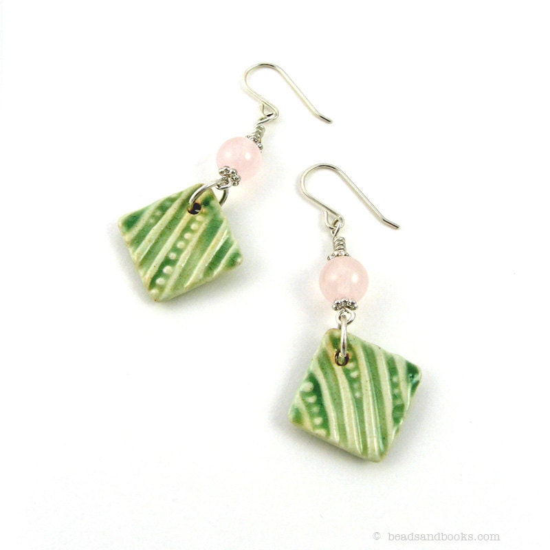 Pastel Earrings (Watermelon, Pink and Green Jewelry, Rose Quartz Gemstone, Sterling Silver)