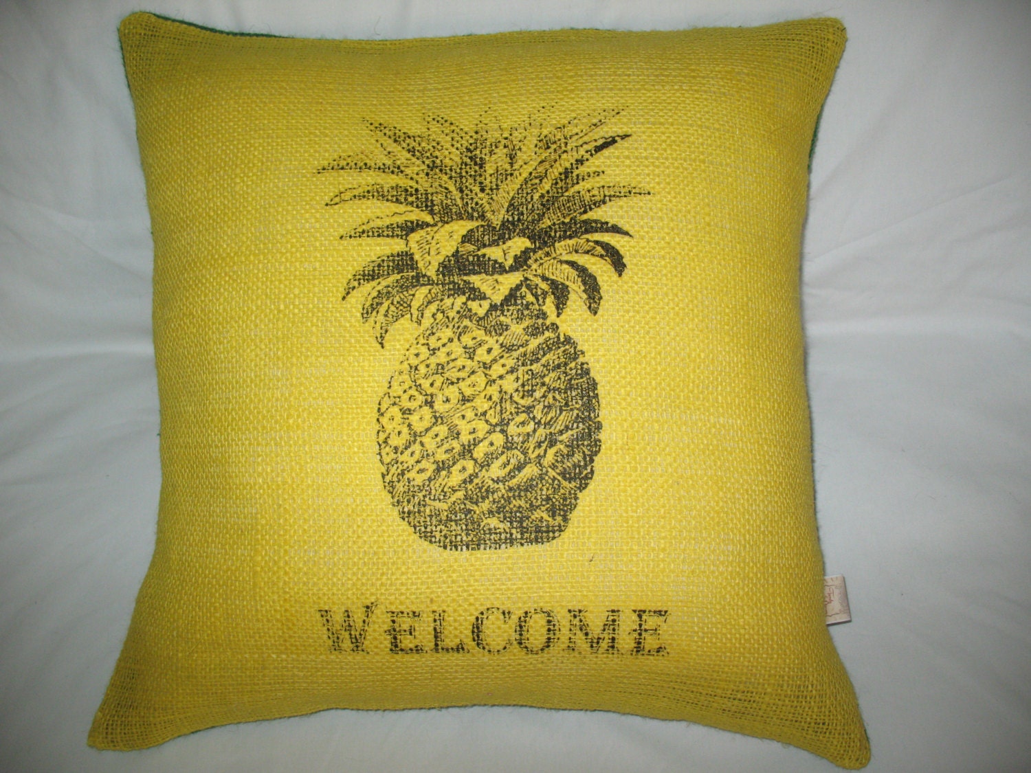 OOAK Vintage Designer Yellow and Kelly Green  Natural  Burlap 18x18" Pillow Cover WELCOME text PINEAPPLE typography