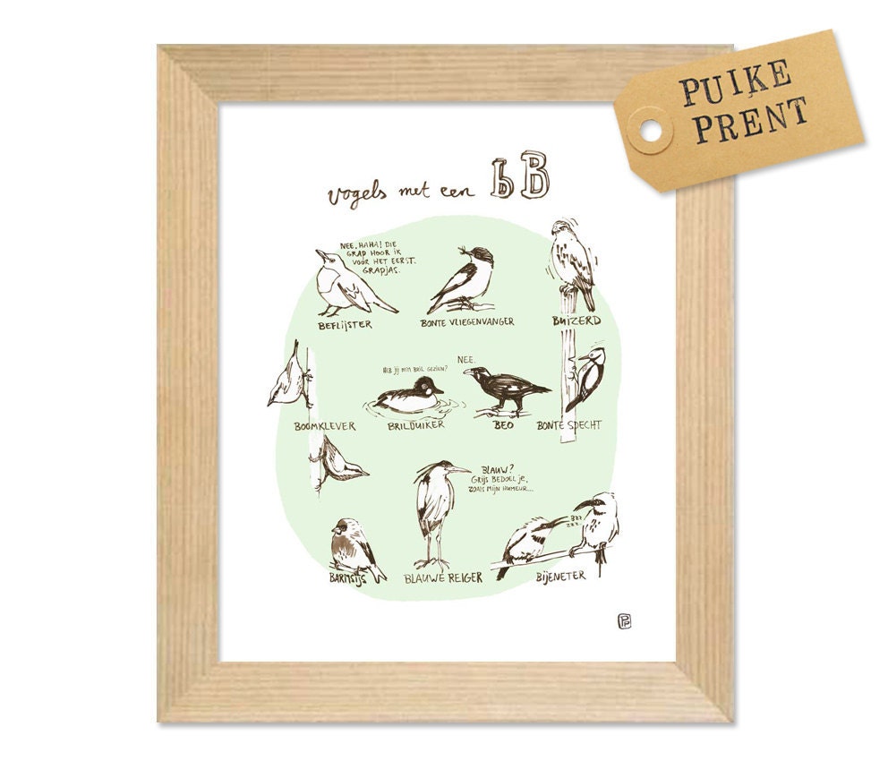 Birds - Vogels met een B - art brush sketch - digitally coloured - Art Print