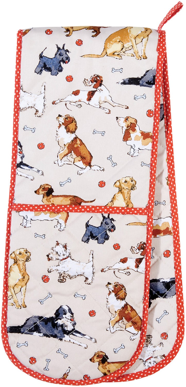 KITCHEN LINEN SET Dogs Design- Double Oven Gloves, Dish Towel, Kitchen Apron - Wedding, House Warming Gift idea
