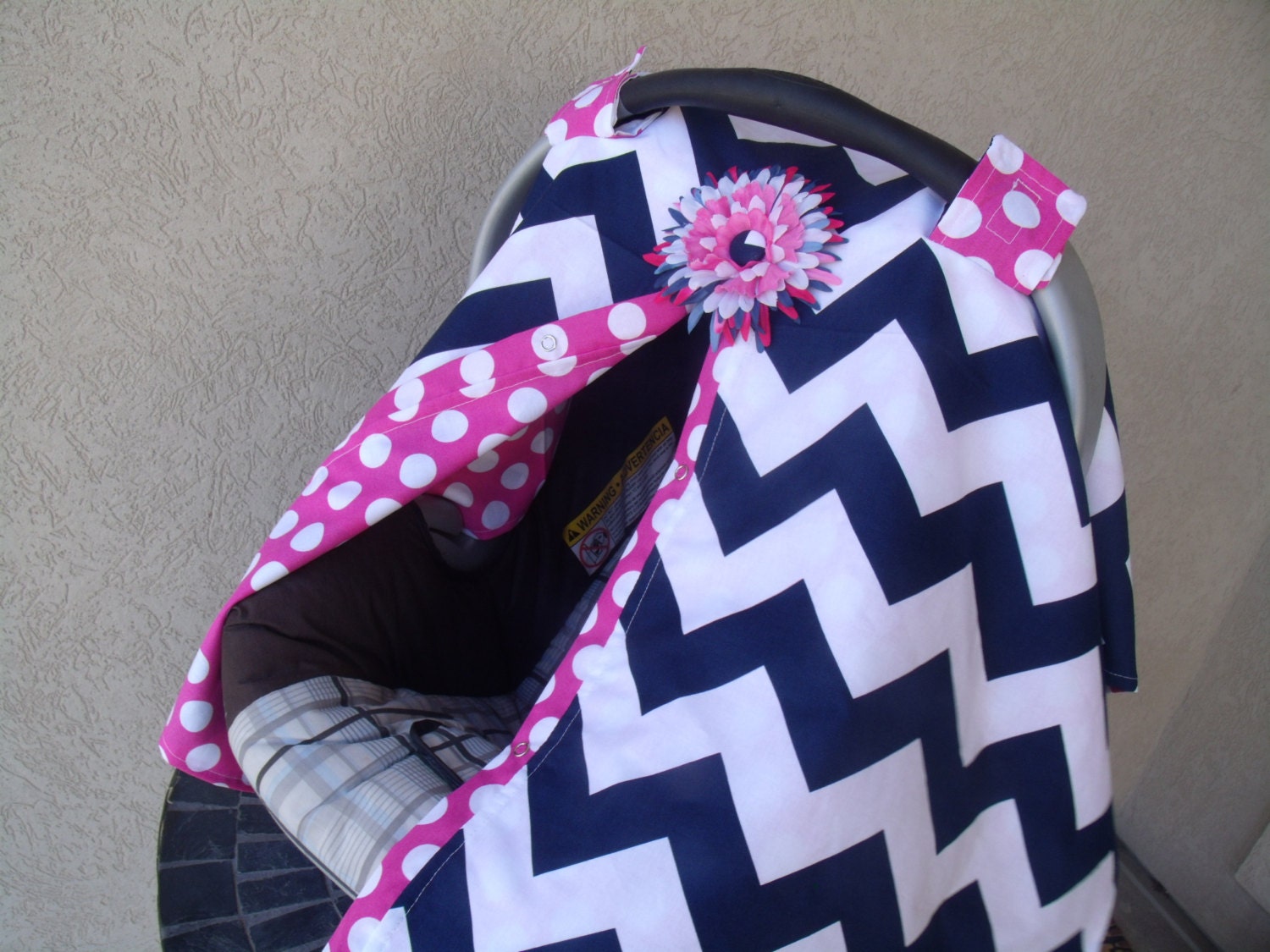 Carseat Canopy Navy Chevron Hot Dot