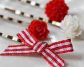 Set of 4 bobby pins with red and white ribbon and bright flowers to match Colorful and sweet picnic theme