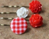 Set of 4 bobby pins with red and white button and bright flowers to match Colorful and sweet picnic theme