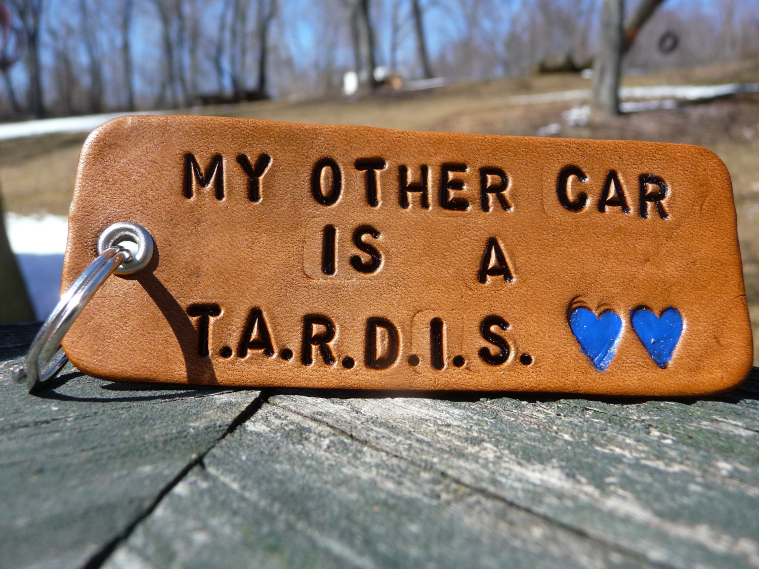 My Other Car is a TARDIS- Doctor Who Hand Stamped Leather Keychain
