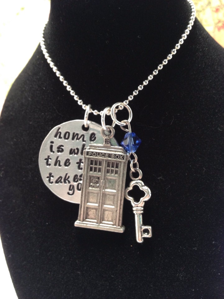 Home Is Where The TARDIS Takes You Hand Stamped Necklace with TARDIS Charm and Swarovski Crystal