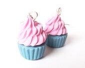 Blue Cupcake Earrings Polymer Clay, Pink Cupcakes Dangle Earrings Kawaii Jewelry Fun Earrings