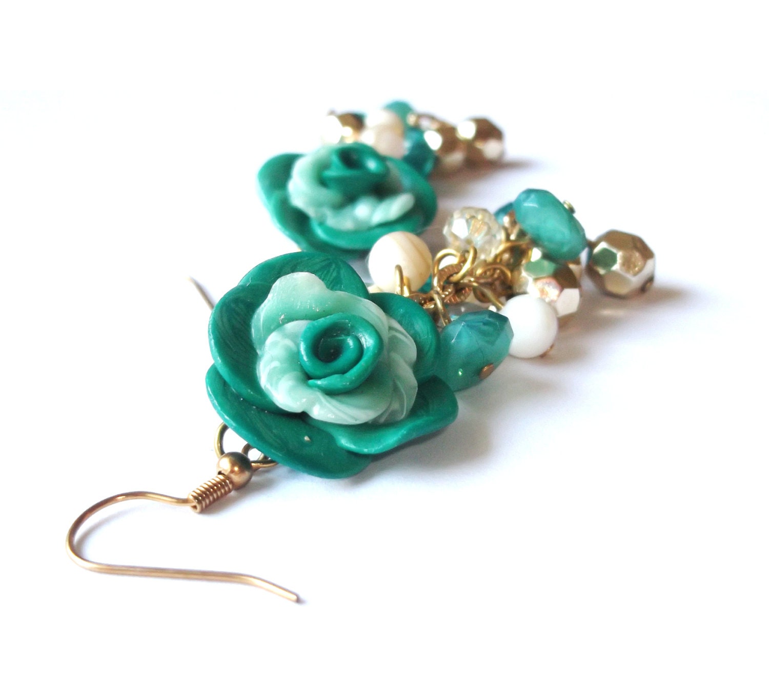 Dangle Charm Earrings, Green, Gold Earrings, Polymer Clay Roses.