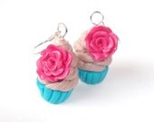 Chocolate Cupcake Earrings Pink Roses Fun Jewelry Kawaii Jewelry Fun Earrings Blue Turquoise Cupcake Food Miniature