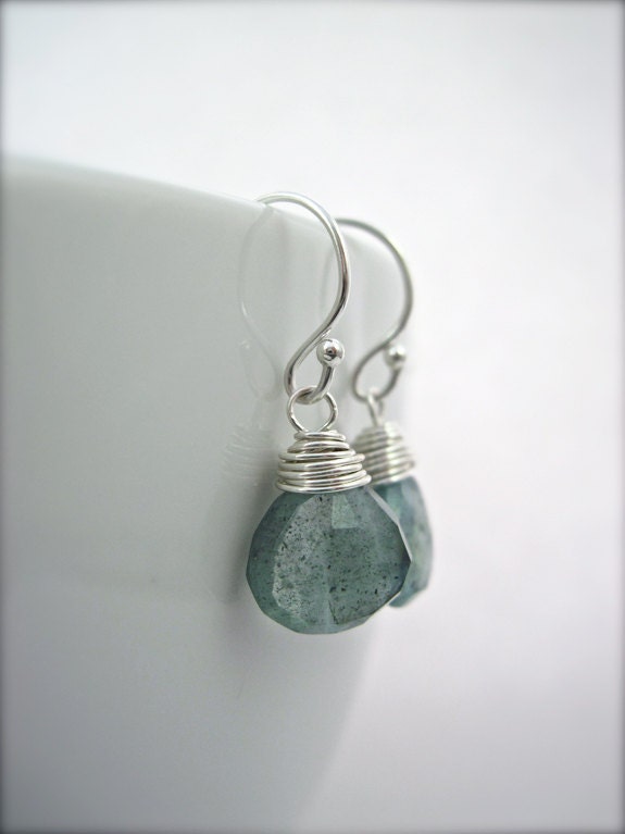 Aquamarine Earrings, March Birthstone, Moss Aquamarine Earrings in Sterling Silver, Wire Wrapped Handmade Earrings, Blue Green Stone