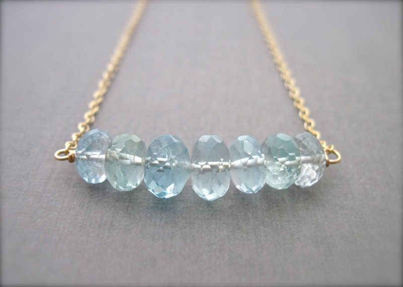 March Birthstone Necklace, Aquamarine Necklace, Gemstone Bar Necklace in 14K Gold Fill, Blue Green Gemstone Necklace