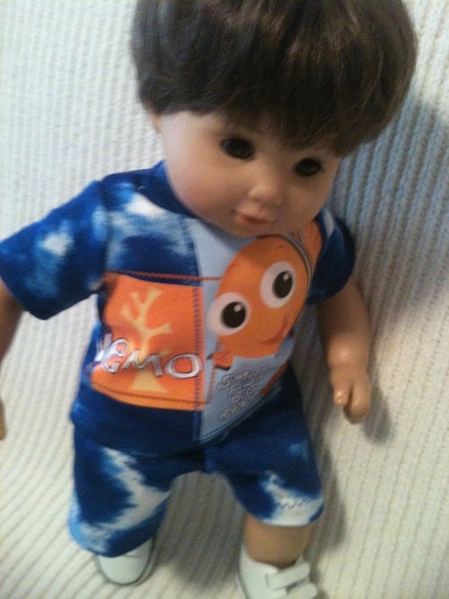 15 inch boy doll (modeled by Bitty Baby) Blue Nemo short set