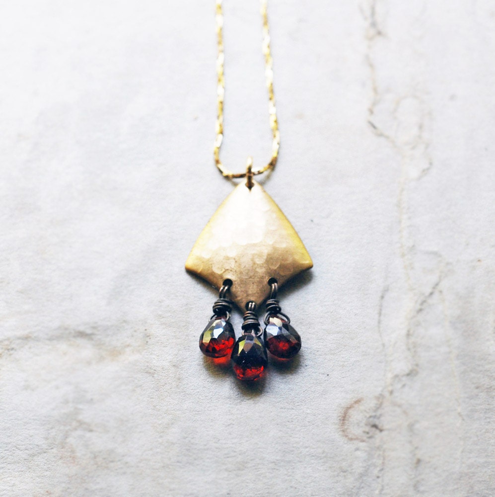 LAST ONE - no. 16 - blood red garnet and golden brass shield necklace