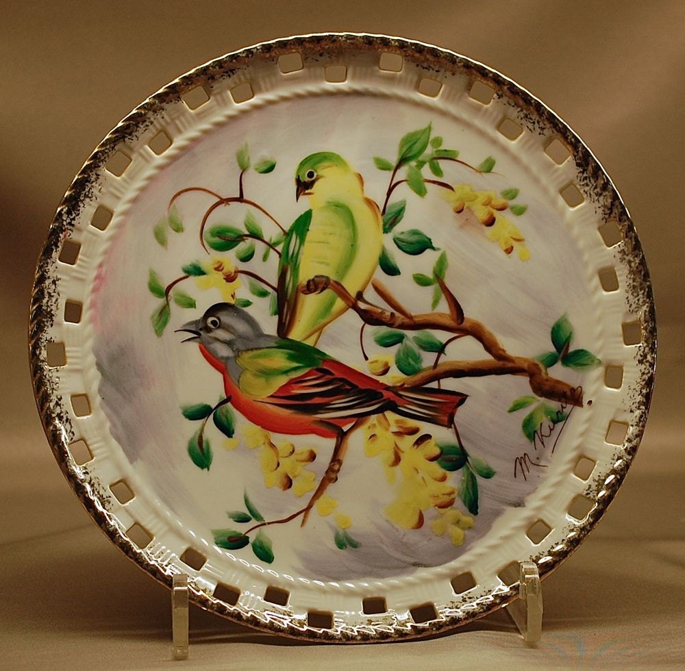 Vintage Hand painted Bird Plate by Ucagco Ceramics Artist signed made in Japan