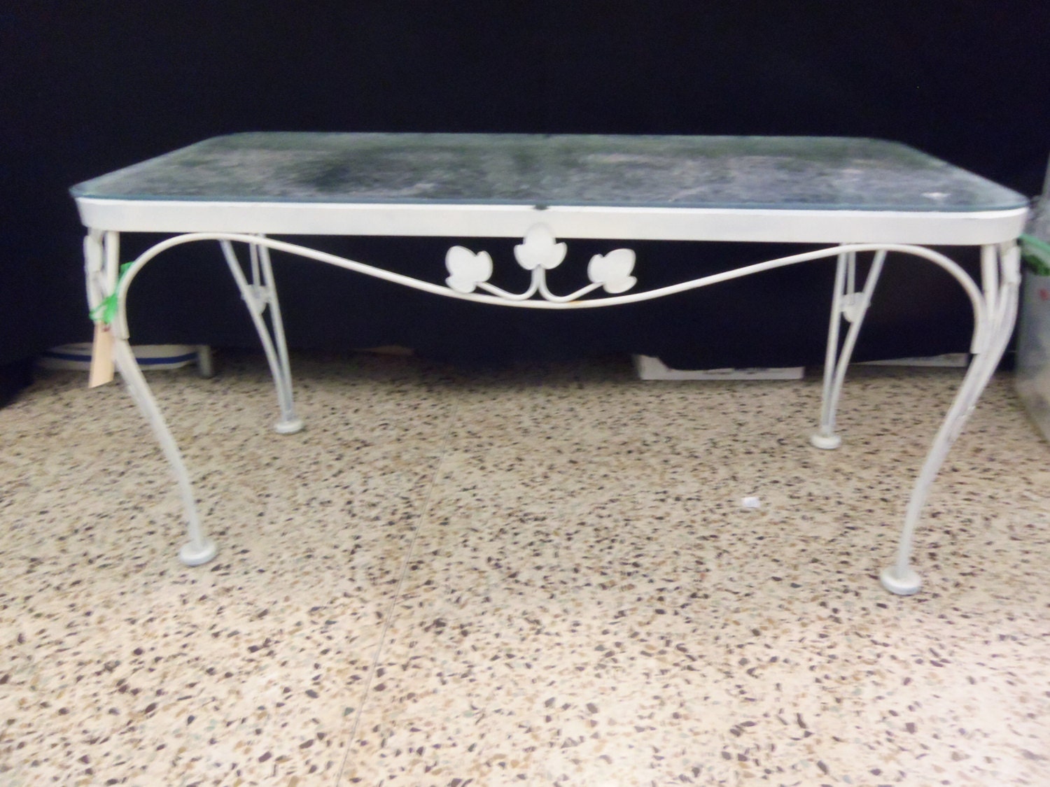Vintage White Wrought Iron Glass Top Coffee Table Ivy Leaf Motif