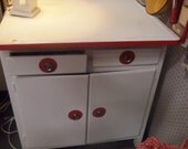 Vintage Red and White Enamel Porcelain Top Kitchen Pantry Storage Cabinet Cupboard