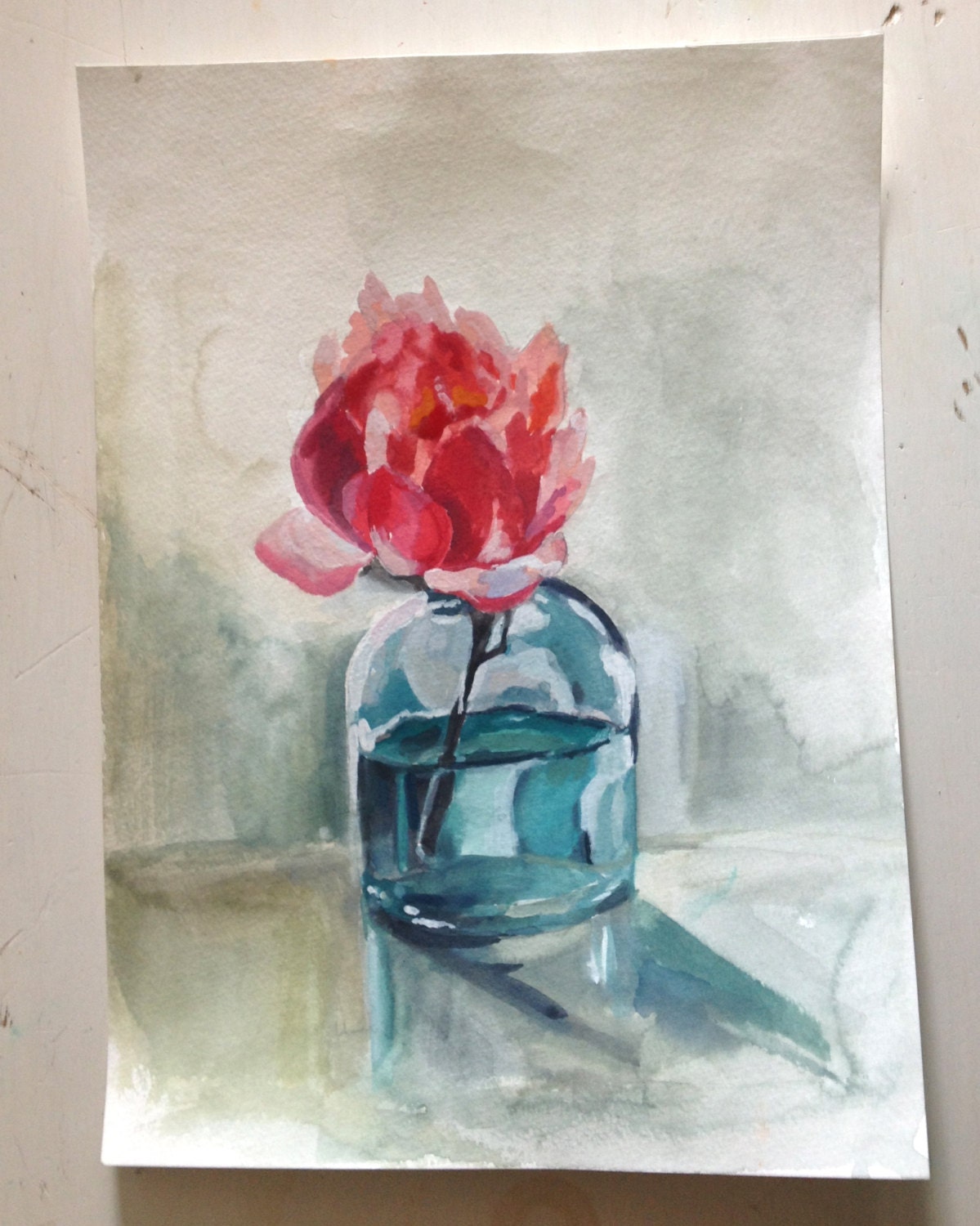 Peony in a Blue Vase, original watercolor painting, still life, flowers