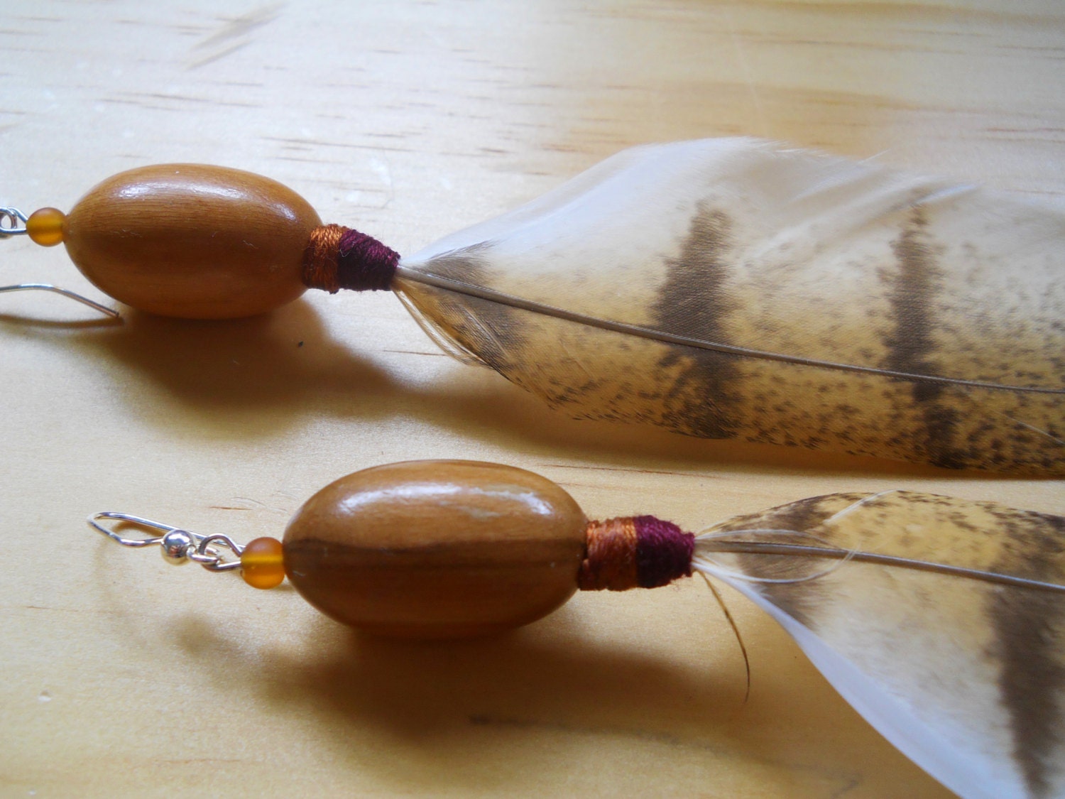 Lost in Flight- Natural Owl Feather Earrings- Cruelty Free- Wood beading- Handmade