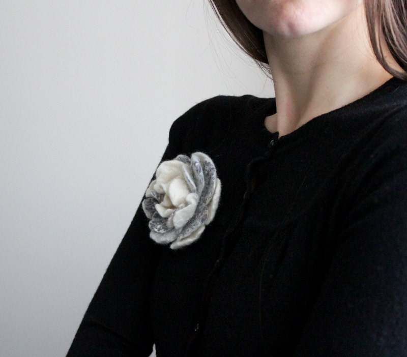 Nuno felted flower rose brooch white grey